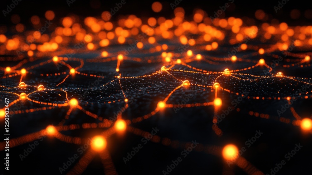 Poster abstract glowing network nodes on dark background.