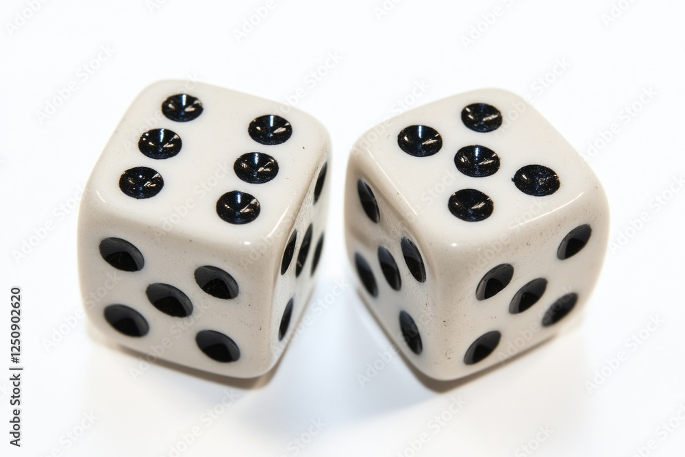 Poster close-up of two white dice with black dots on them, suitable for use in gaming, education or enterta