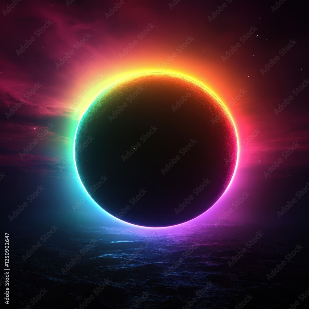 Poster illuminated dark sun in a minimalist cosmic setting with vibrant rainbow aura and mysterious atmosph