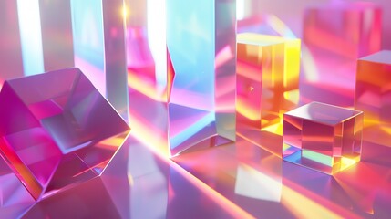 Abstract geometric shapes made of glass or crystal, illuminated with colorful, bright lights.