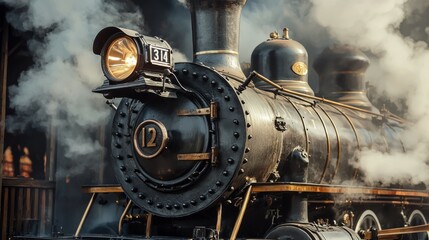 Naklejka premium Vintage Steam Locomotive Making Its Journey Through Billowing Smoke