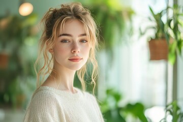 Naklejka premium A young woman with blonde hair and freckles smiles softly, surrounded by lush greenery.