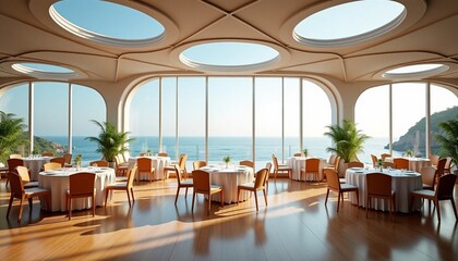  Luxury futuristic restaurant in a floating resort, featuring glass walls, modern architecture, and breathtaking sea views for an extraordinary dining experience