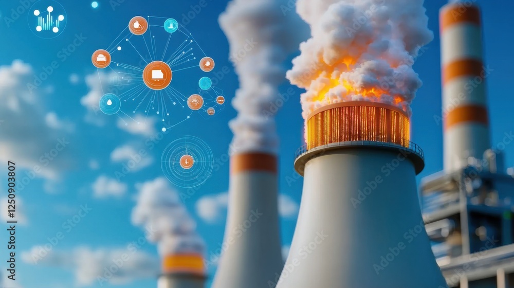 Poster futuristic power plant surrounded by a dynamic network of energy data symbolizing the technological 