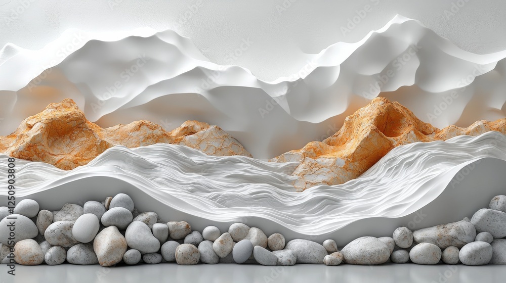 Aufkleber Abstract Mountainscape in White and Orange with Stone Foreground: A Harmonious Blend of Nature and Art