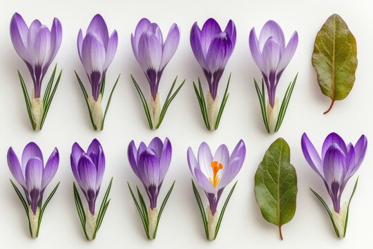 Close-up of purple crocant flowers with green leaves, great for botanical illustrations or design elements