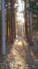 Obraz premium Serene Forest Pathway Bathed in Golden Morning Light