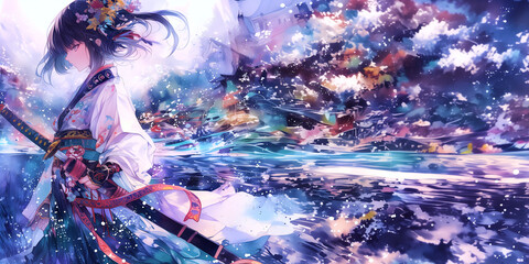 刀使いの女性。水彩画。イラスト。バナー素材。挿絵。