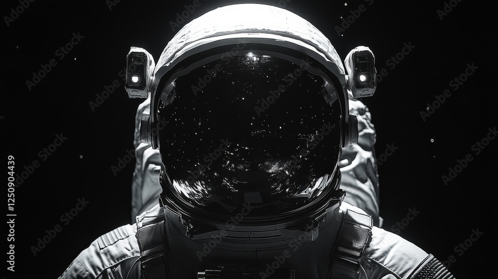 Poster astronaut's introspective stare: a dark journey through space, revealing the universe's splendor in 