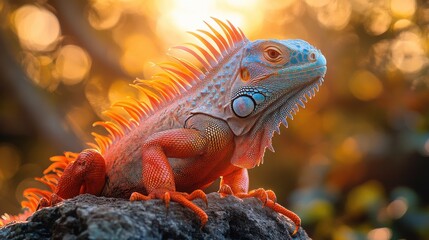 Fototapeta premium A colorful iguana basking on a rock in the bright sunlight