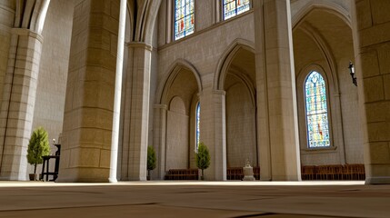 A serene interior of a church featuring stained glass windows and arches.