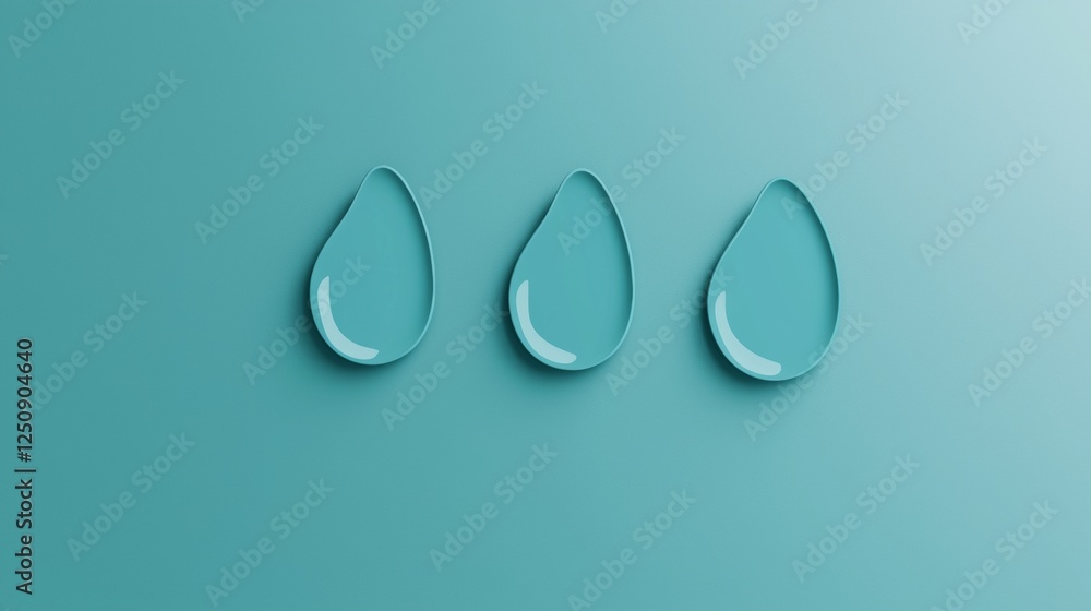 Poster three glossy, transparent water droplets are aligned on a smooth turquoise background. the minimalis