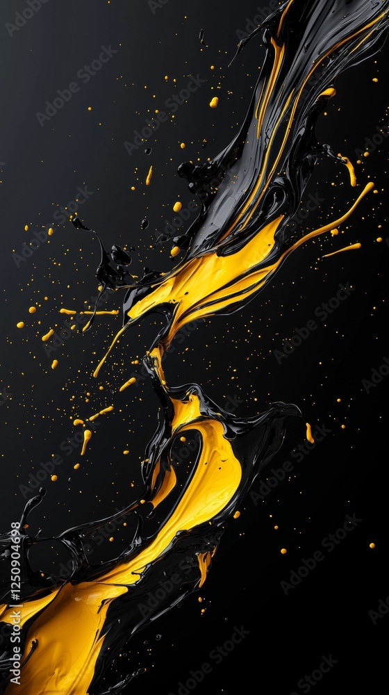 Poster black and gold paint splashes dynamically against a dark background, creating a striking contrast an
