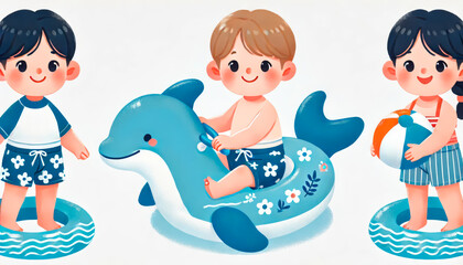 Cute cartoon-style illustration of three children enjoying summer water activities. One boy is riding a blue inflatable dolphin, another stands in a swim ring, and a girl holds a beach ball. 