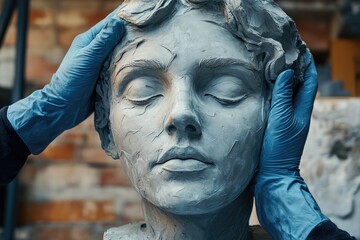 A sculptor's hands delicately refine a clay bust, eyes closed, serene expression.