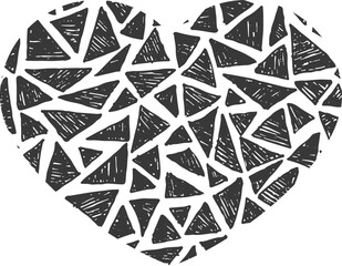 Fototapeta premium Heart with ink pattern. Black triangle pattern. Engraving texture isolated on white background.