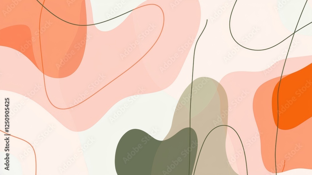 Poster Abstract design featuring fluid, overlapping shapes in soft earthy tones of orange, green, and beige. Curved lines add dynamic movement, creating a harmonious and calming visual effect