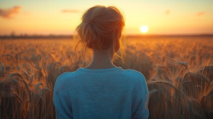Fototapeta premium Woman Contemplates a Golden Sunset Over a Wheat Field: Serenity and Reflection in Nature's Embrace, a Moment of Peace and Beauty.