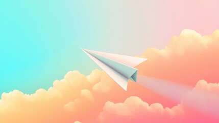 Paper airplane glides effortlessly through a pastel-colored sky, surrounded by fluffy clouds. The gradient background creates a dreamy and whimsical atmosphere, symbolizing freedom and creativity