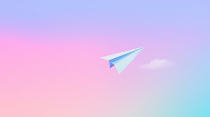 Naklejka premium Blue paper airplane glides through a serene pastel sky, symbolizing creativity and freedom. A small cloud adds depth to the tranquil background, enhancing the sense of limitless possibilities