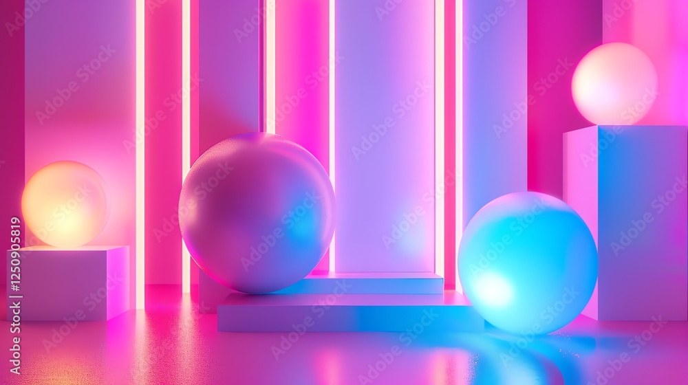 Poster abstract 3d render of a scene with glowing spheres and neon lights.