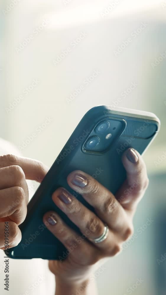 Fototapete Person, hands and scroll with phone for social media, communication and app. Woman, business chat and internet with smartphone for email, online conversation and networking with message at work