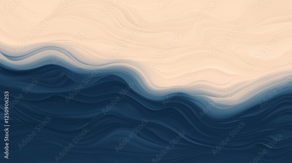 Poster mesmerizing abstract artwork featuring flowing waves in deep blue and soft beige. the fluid motion a