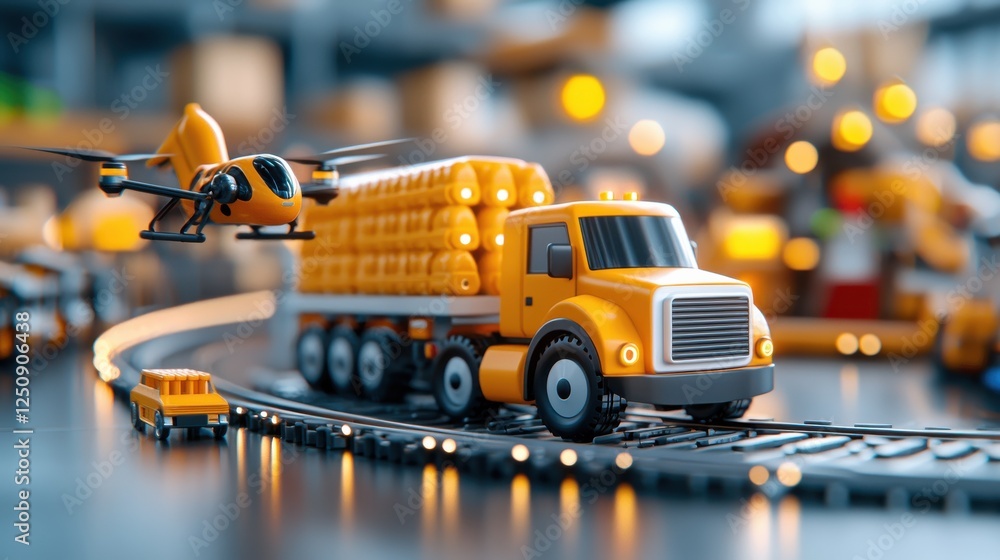 Poster futuristic fully automated warehouse facility with drones and robotic systems efficiently handling l