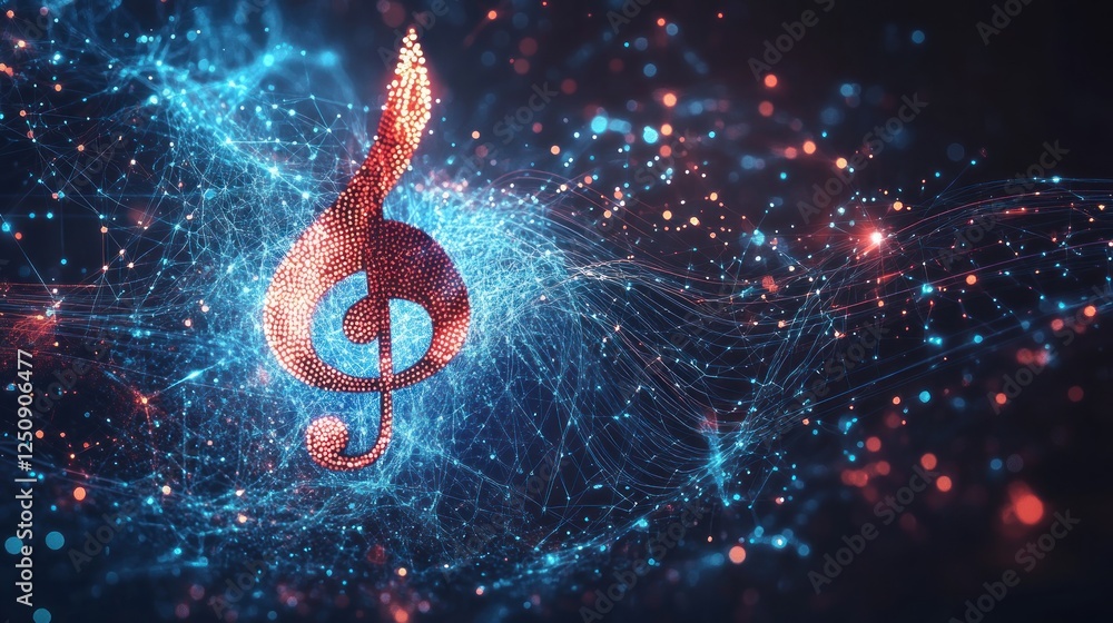 Aufkleber abstract glowing treble clef symbol in digital particle network.
