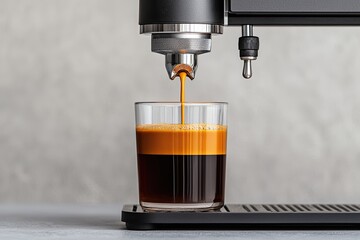 drinks coffee fizzy concept. Espresso pouring into a glass from a coffee machine on a gray countertop.