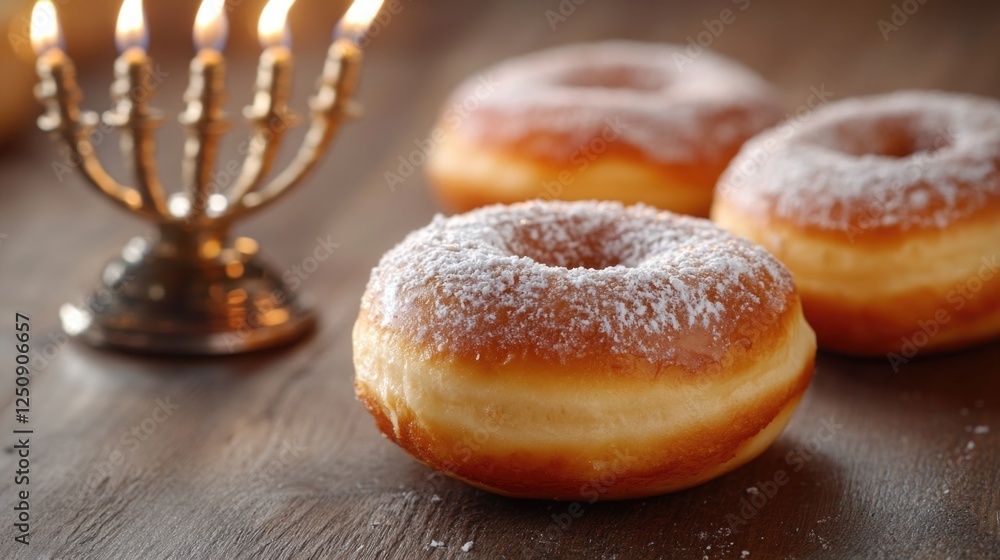 Poster a pair of doughnuts resting on a wooden table, perfect for a breakfast or snack setup