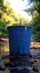 Blue Bucket Sits Outdoors, Dew-Covered