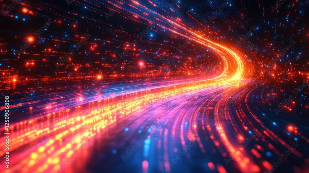 Poster abstract glowing tunnel with vibrant light trails and particles.