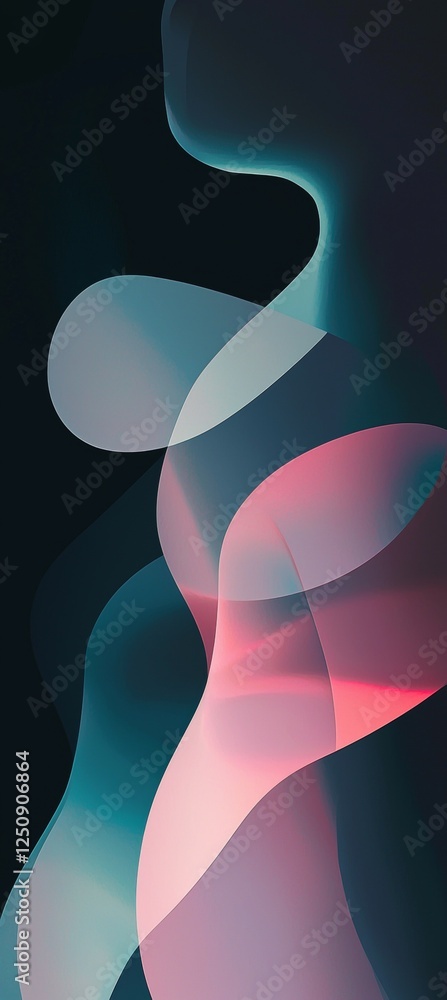 Poster dynamic composition featuring fluid, overlapping shapes in vibrant hues of pink, blue, and gray, cre