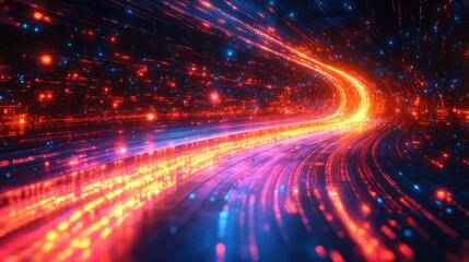 Obraz premium Abstract glowing tunnel with vibrant light trails and particles.