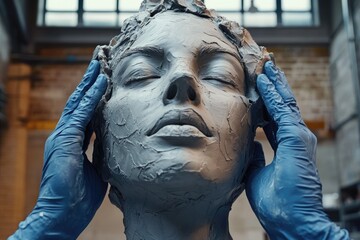 A sculptor delicately shapes a clay bust, eyes closed, in a studio setting.