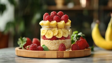 Colorful Fruit Parfait with Raspberries, Bananas, and Strawberries in a Glass Jar on a Wooden Tray