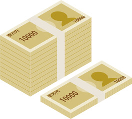 シンプルな100万円と1000万円の札束を右上向きに描いたアイソメトリックイラストセット