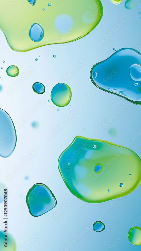 Poster colorful liquid droplets in shades of green and blue appear to float on a smooth blue gradient backd