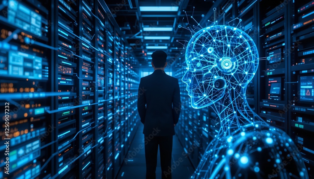 Poster futuristic ai neural network digital art modern business technology server room data center network 