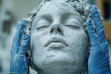 A sculptor's hands carefully shape a serene clay female bust, eyes closed in peaceful repose.