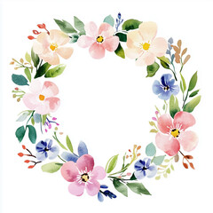 Fototapeta premium Watercolor illustration, sketch. Cute wreath of delicate spring flowers on white background. Pink and blue flowers, green leaves and plants. Spring, easter, 8 march. Blurred paint stains.