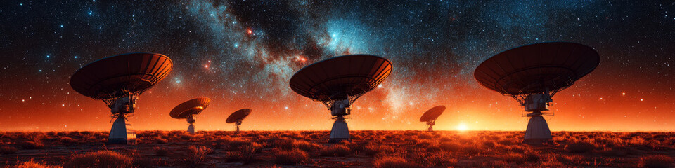 Radio telescopes stand on a barren landscape under a vibrant starry sky. Concept of space exploration and technology. For science fiction cover.