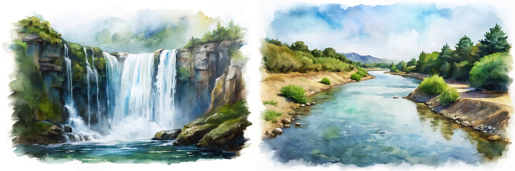 Scenic waterfall view, tranquil river landscape, vibrant watercolor style, nature illustration, serene outdoor scene.