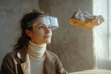 Woman wearing futuristic glasses observes a levitating rock, showcasing augmented reality and innovative technology.