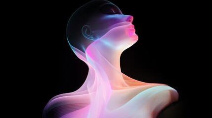 Vibrant neon silhouette of a human form with flowing, colorful light waves creating a dynamic, futuristic aesthetic against a dark background, symbolizing innovation and modernity