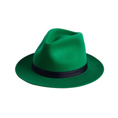 Stylish Green fedora hat with wide brim and black band isolated on transparent background