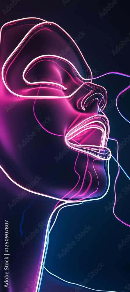 Poster vibrant neon lines create an abstract representation of a human face against a dark background, emph