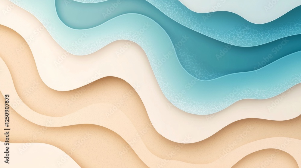 Poster abstract design featuring layered curves in beige and blue, resembling sand dunes and ocean waves. t