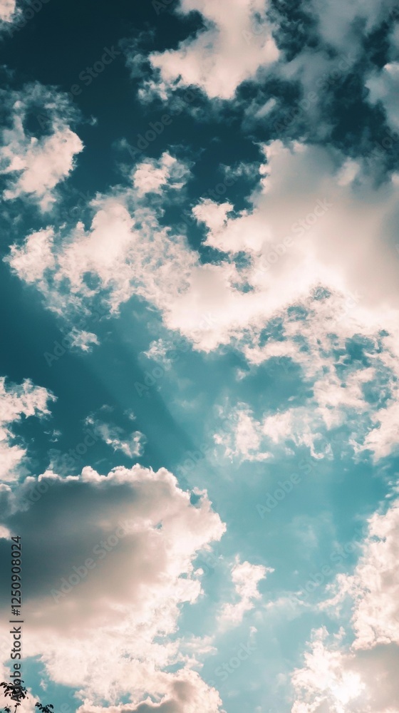 Poster white clouds gently float across a vibrant blue sky, creating a serene and tranquil atmosphere. sunl